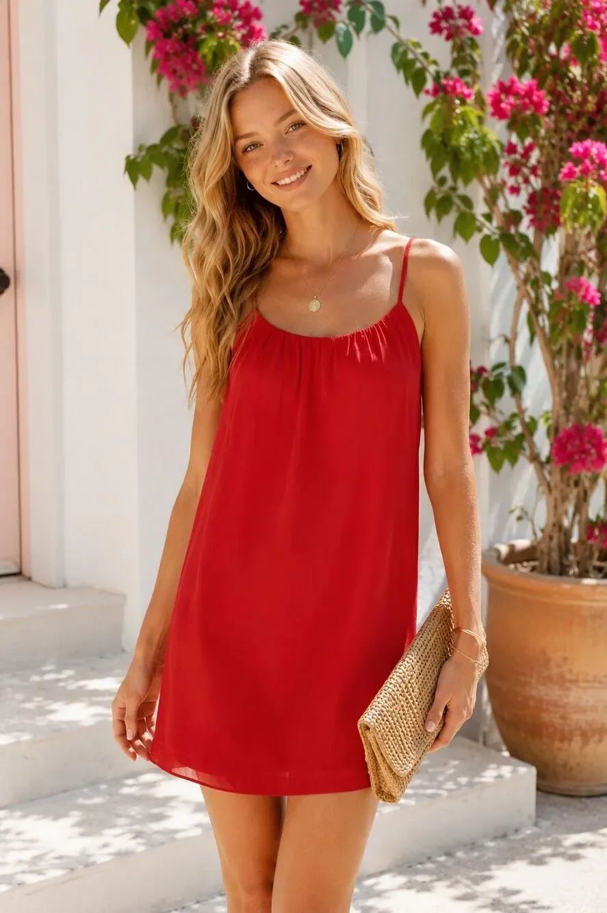 NWT Naked Zebra Red Mini Shift Dress Gathered Scoop Neck Spaghetti Strap Large S